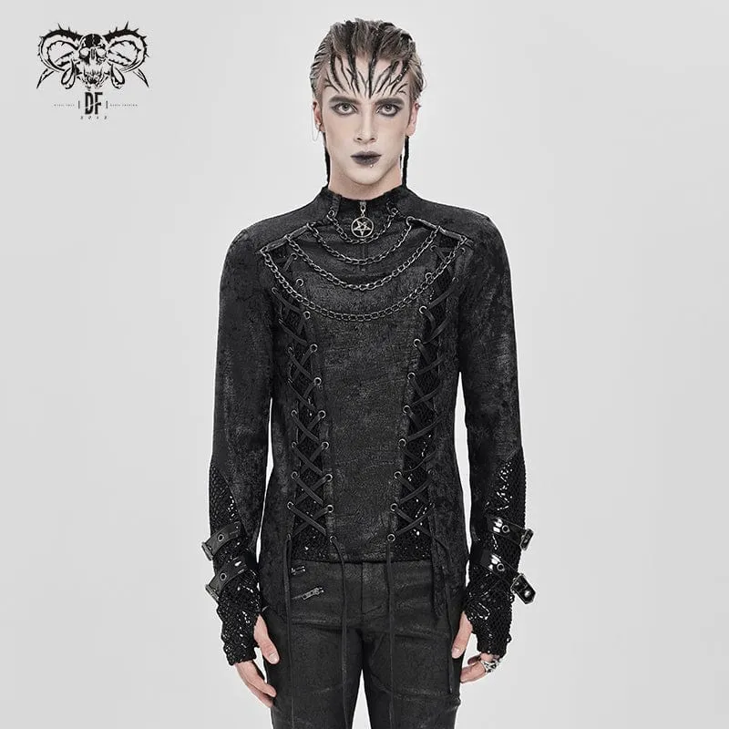 Herren Punk Mesh Splice Schnürhemd mit Kette