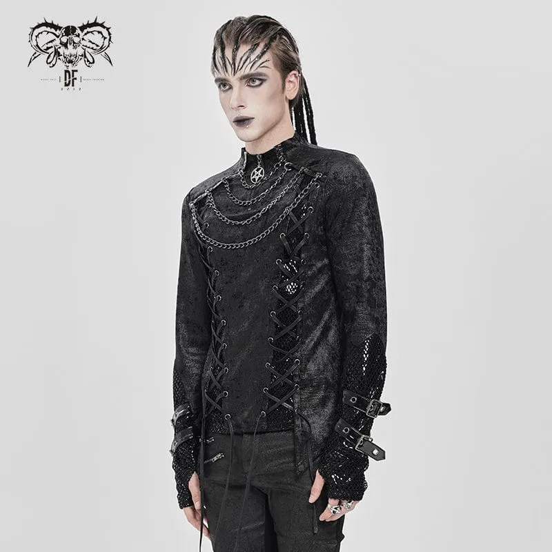 Herren Punk Mesh Splice Schnürhemd mit Kette