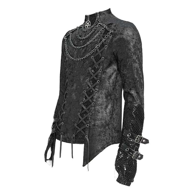 Herren Punk Mesh Splice Schnürhemd mit Kette
