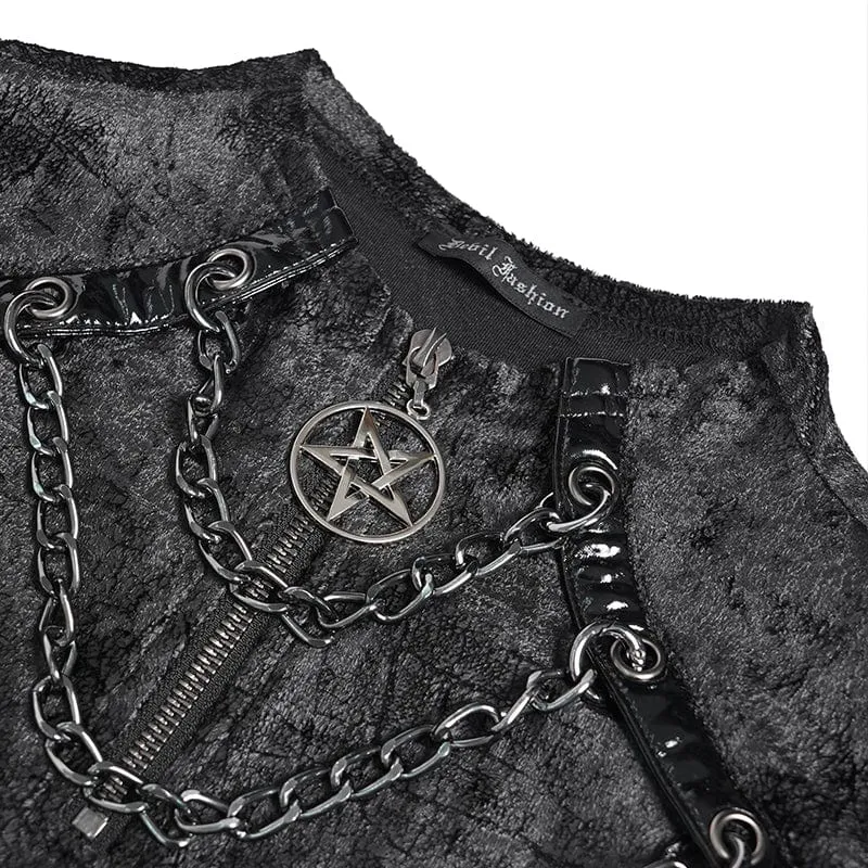 Herren Punk Mesh Splice Schnürhemd mit Kette