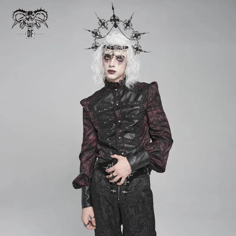 Herren Gothic Blumendruck Stehkragen Laterne Ärmel Hemd Schwarz-Rot
