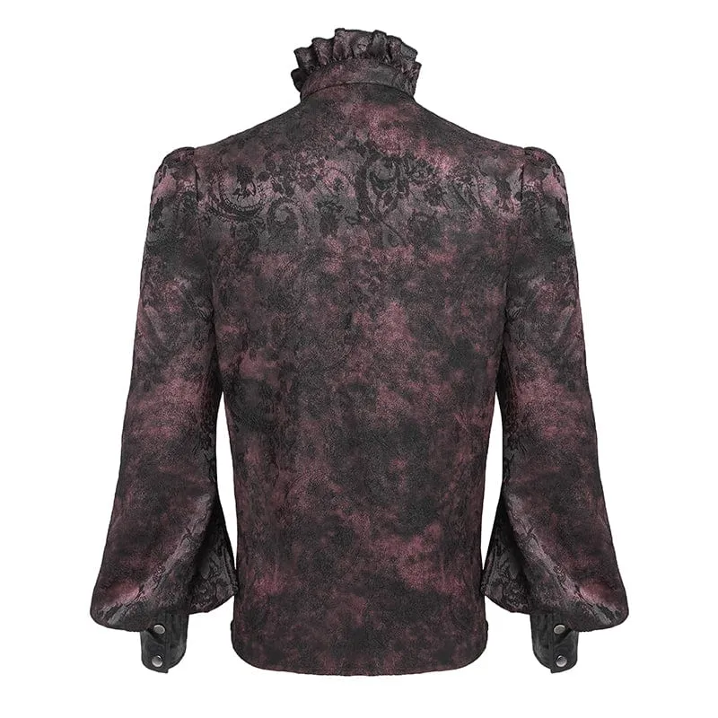 Herren Gothic Blumendruck Stehkragen Laterne Ärmel Hemd Schwarz-Rot