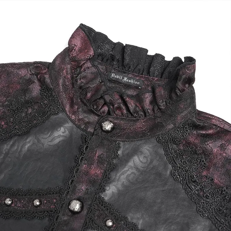 Herren Gothic Blumendruck Stehkragen Laterne Ärmel Hemd Schwarz-Rot