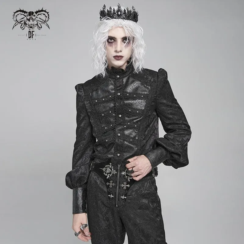 Herren Gothic Blumendruck Stehkragen Laterne Ärmel Hemd Schwarz