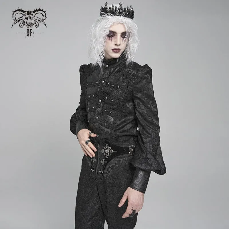 Herren Gothic Blumendruck Stehkragen Laterne Ärmel Hemd Schwarz