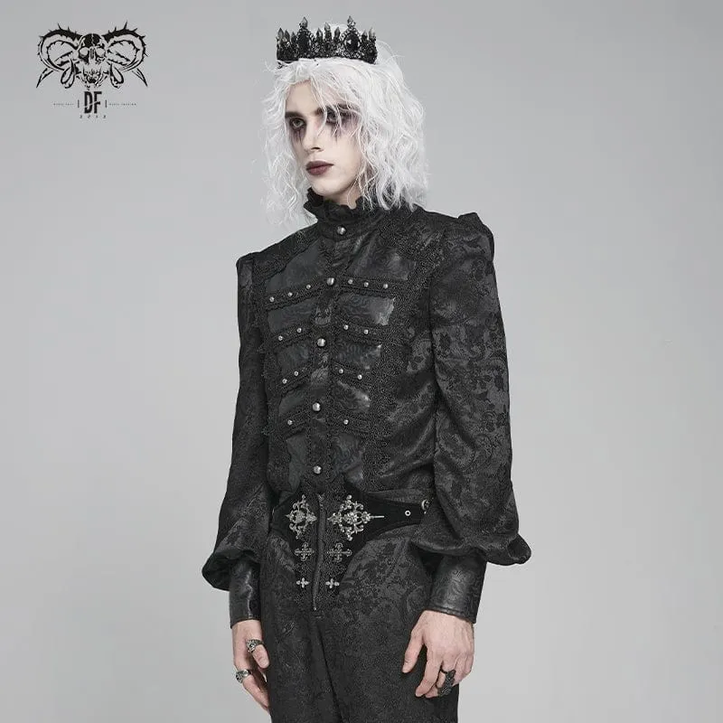Herren Gothic Blumendruck Stehkragen Laterne Ärmel Hemd Schwarz