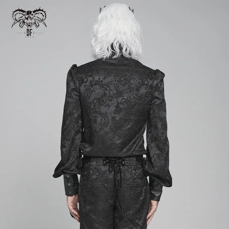 Herren Gothic Blumendruck Stehkragen Laterne Ärmel Hemd Schwarz