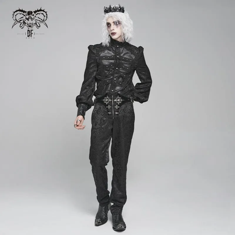 Herren Gothic Blumendruck Stehkragen Laterne Ärmel Hemd Schwarz