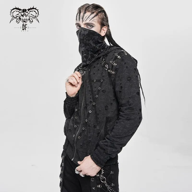 Herrenmantel mit zerrissenem Punk-Plissee und Hexagramm-Print