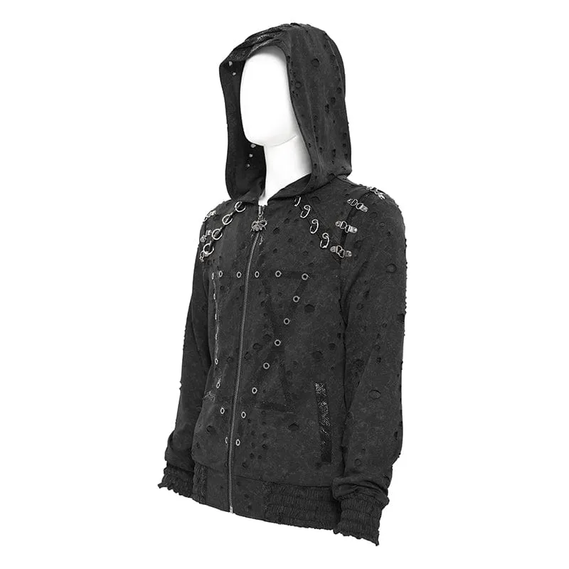 Herrenmantel mit zerrissenem Punk-Plissee und Hexagramm-Print