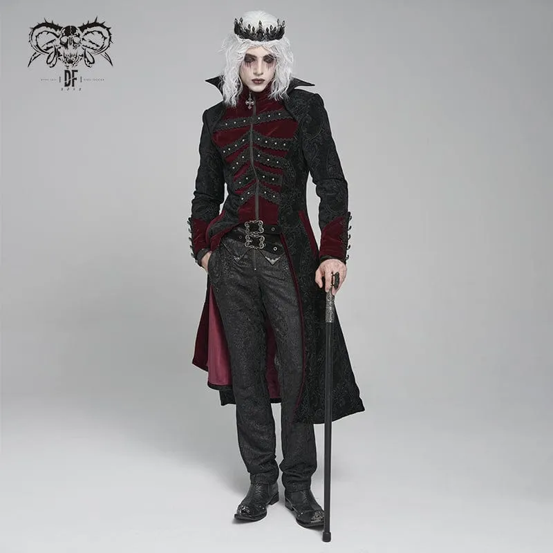 Herren Gothic Blumendruck Diamante Stehkragen Mantel Rot