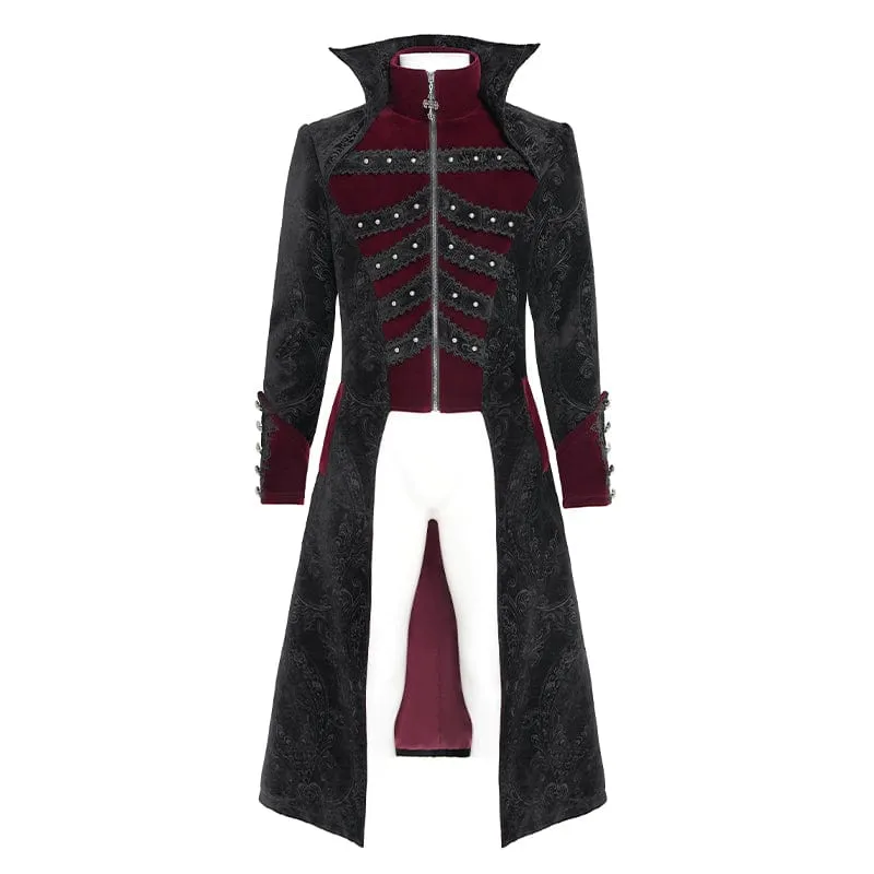 Herren Gothic Blumendruck Diamante Stehkragen Mantel Rot