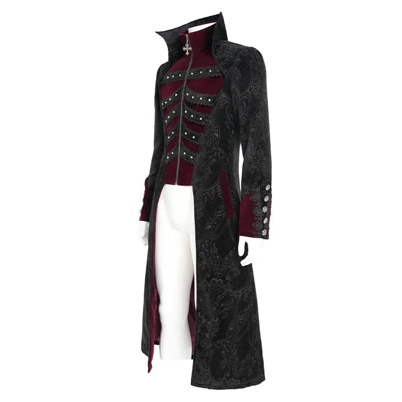 Herren Gothic Blumendruck Diamante Stehkragen Mantel Rot