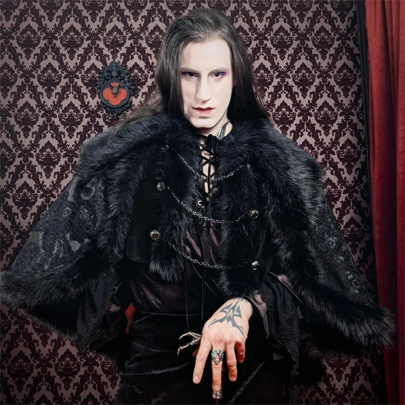 Gothic-Umhang aus Kunstpelz mit Blumenmuster für Herren