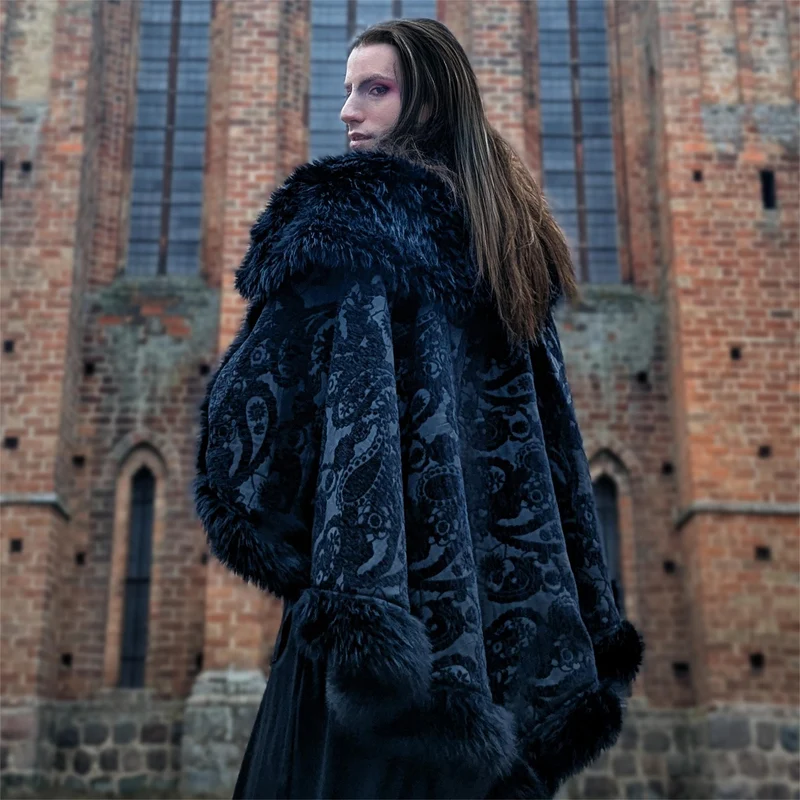 Gothic-Umhang aus Kunstpelz mit Blumenmuster für Herren
