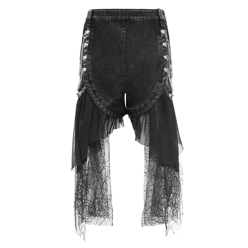 Damen-Shorts mit zerrissenem Gothic-Kettennetz und unregelmäßigem Saum