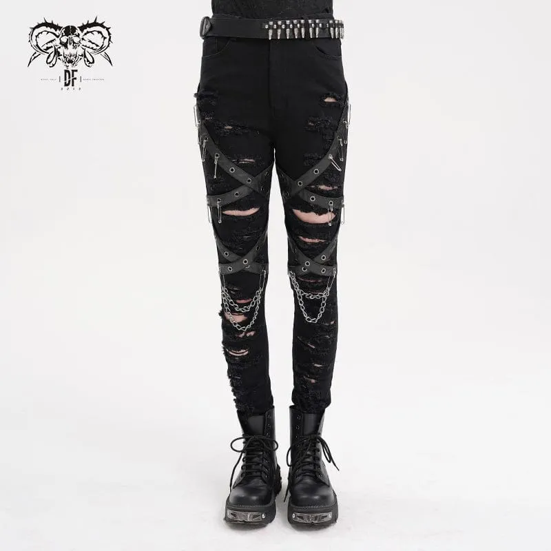 Damen Punk zerrissene Ösen Ketten Hose
