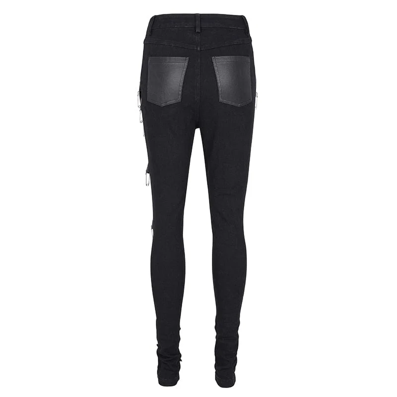 Damen Punk zerrissene Ösen Ketten Hose