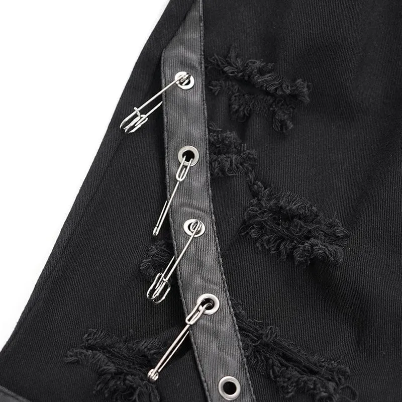 Damen Punk zerrissene Ösen Ketten Hose