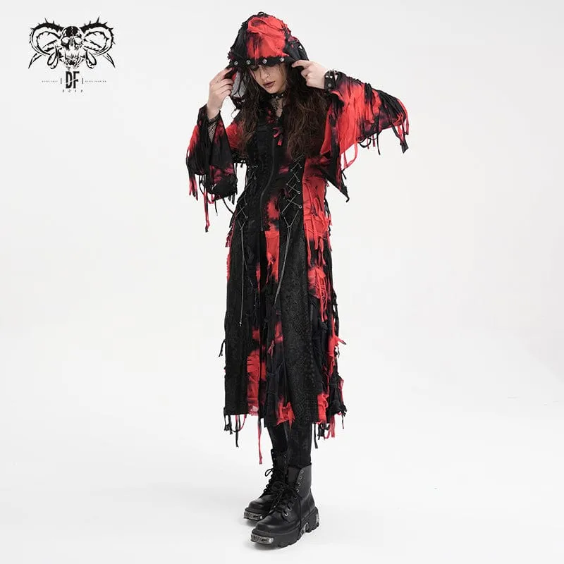 Damen Punk Ripped Chain Lace Mantel Schwarz-Rot