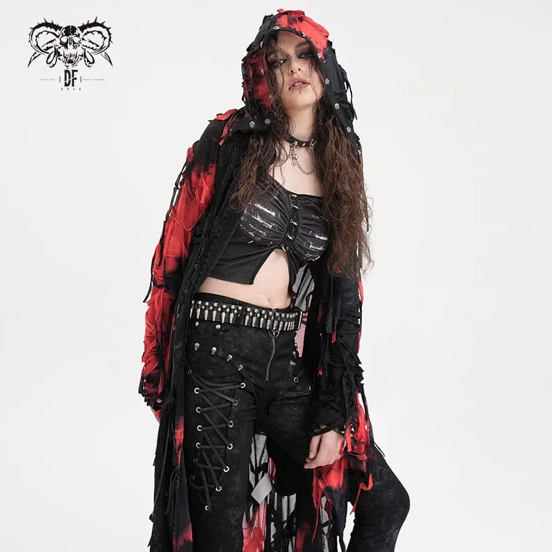 Damen Punk Ripped Chain Lace Mantel Schwarz-Rot