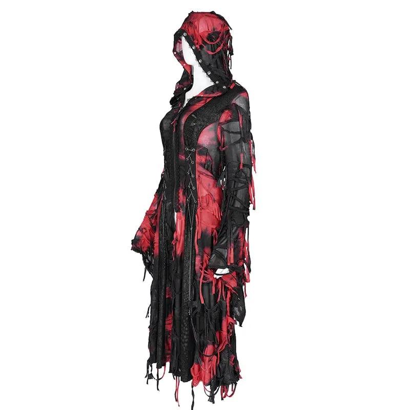 Damen Punk Ripped Chain Lace Mantel Schwarz-Rot