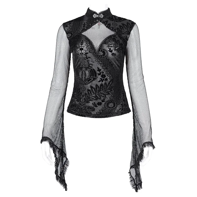 Gothic-Langarmshirt aus Netzstoff mit Blumenspitze und Cut-outs für Damen