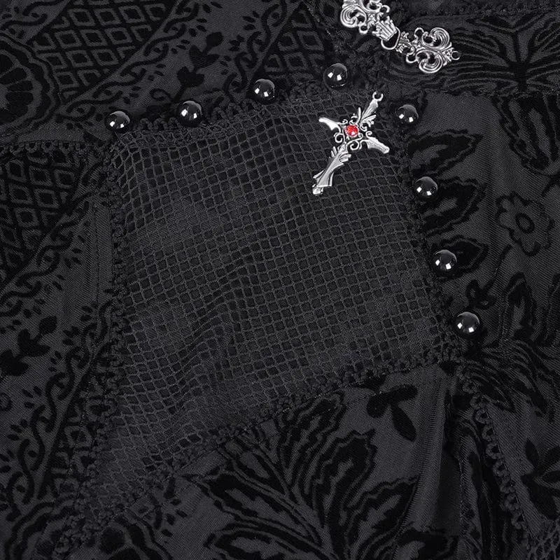 Gothic-Langarmshirt aus Netzstoff mit Blumenspitze und Cut-outs für Damen