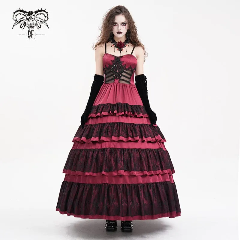 Rotes Gothic-Schnürkleid aus Mesh-Spitze für Damen, ideal als Hochzeitskleid