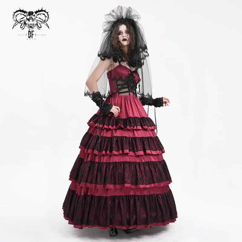 Rotes Gothic-Schnürkleid aus Mesh-Spitze für Damen, ideal als Hochzeitskleid