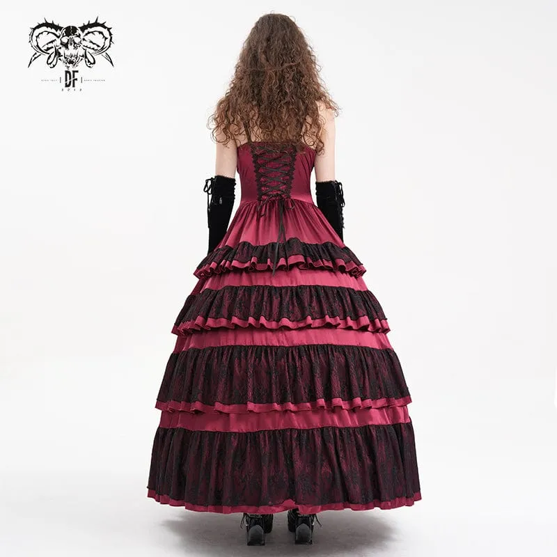 Rotes Gothic-Schnürkleid aus Mesh-Spitze für Damen, ideal als Hochzeitskleid