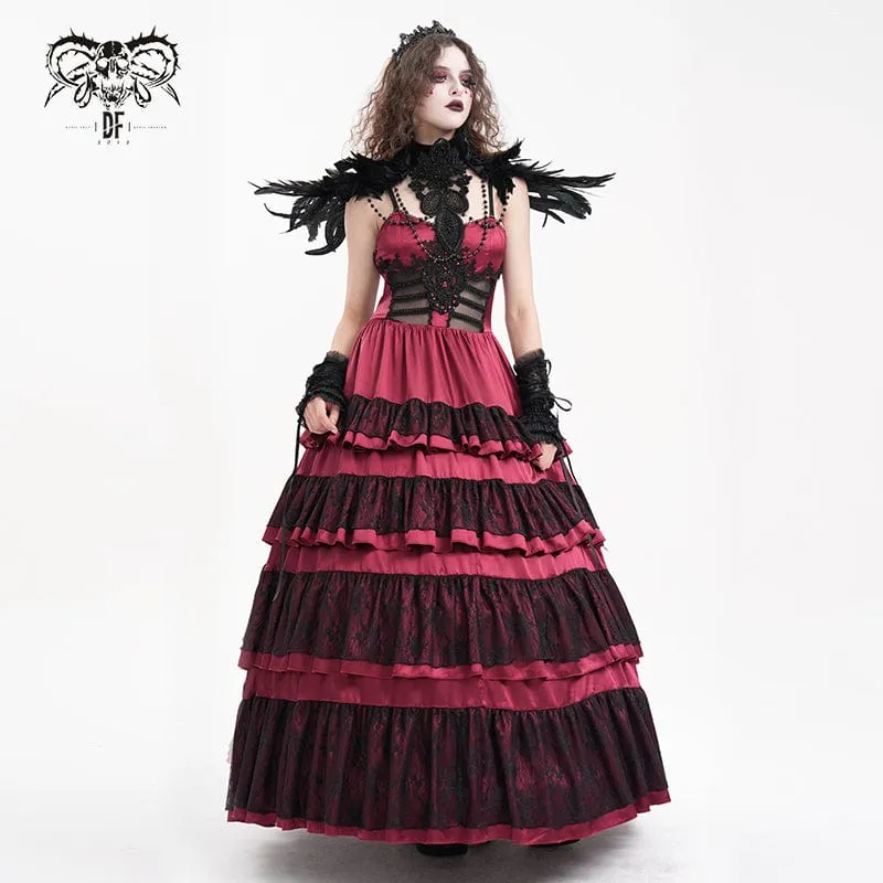 Rotes Gothic-Schnürkleid aus Mesh-Spitze für Damen, ideal als Hochzeitskleid