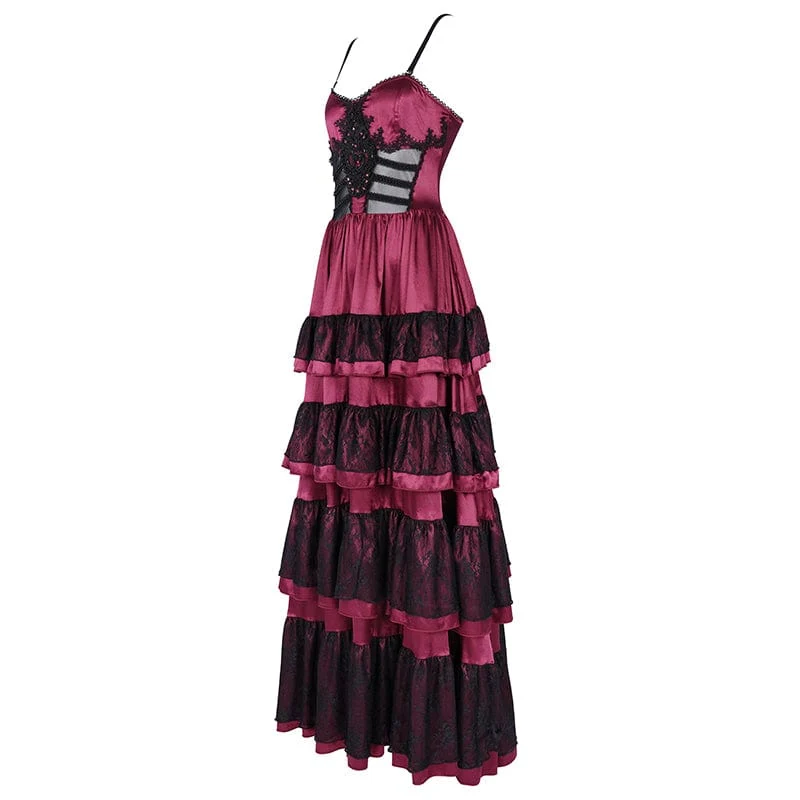 Rotes Gothic-Schnürkleid aus Mesh-Spitze für Damen, ideal als Hochzeitskleid