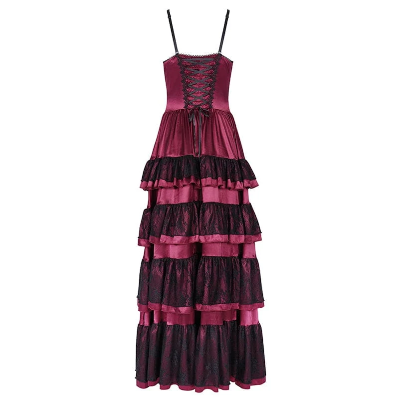 Rotes Gothic-Schnürkleid aus Mesh-Spitze für Damen, ideal als Hochzeitskleid