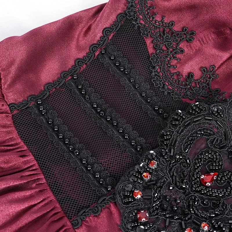 Rotes Gothic-Schnürkleid aus Mesh-Spitze für Damen, ideal als Hochzeitskleid