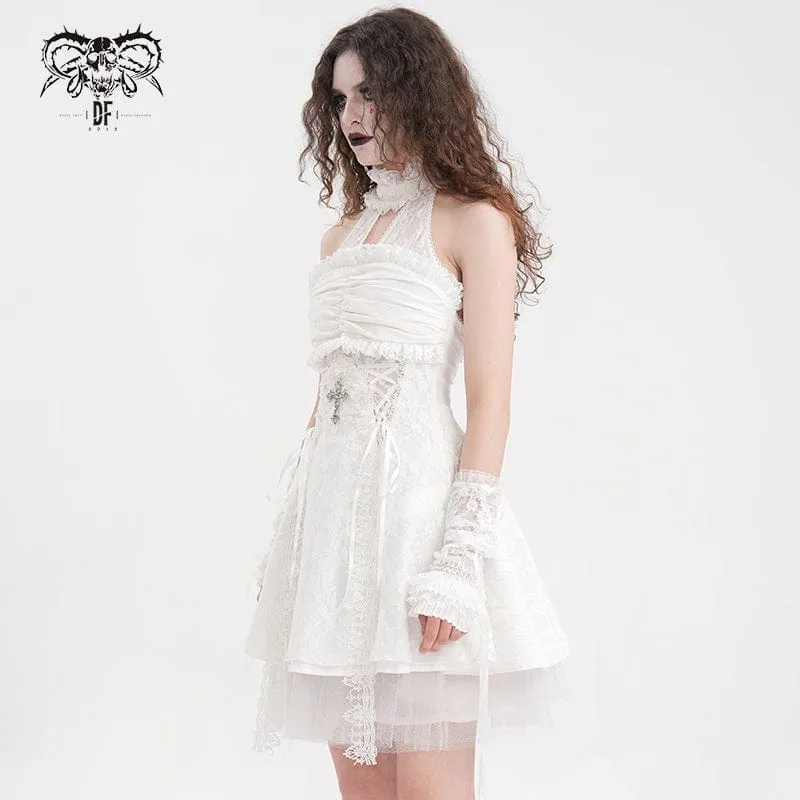 Damen Gothic Neckholder Cut-out Rüschen Spitze Kurzes Kleid Weiß