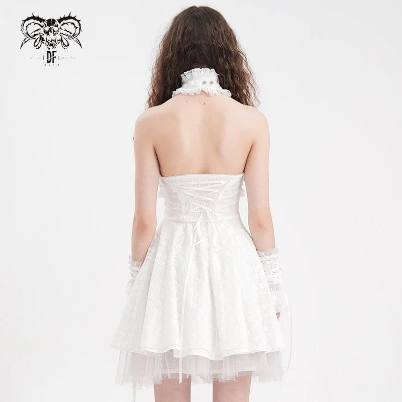 Damen Gothic Neckholder Cut-out Rüschen Spitze Kurzes Kleid Weiß