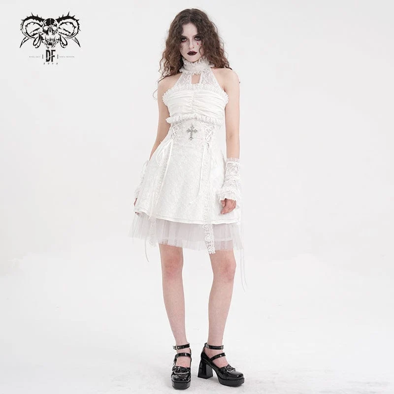 Damen Gothic Neckholder Cut-out Rüschen Spitze Kurzes Kleid Weiß