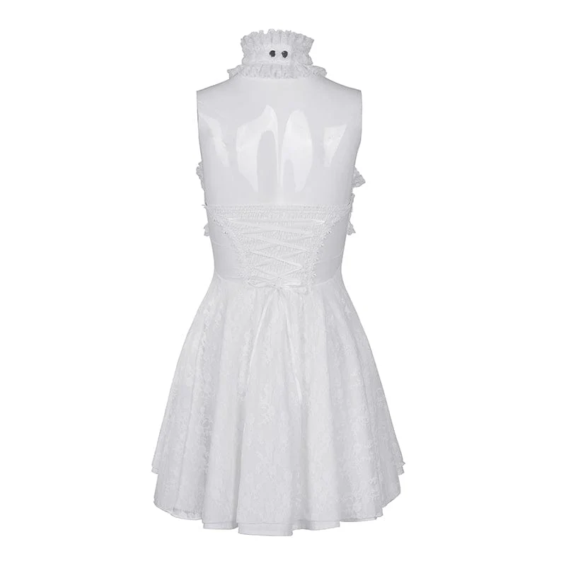 Damen Gothic Neckholder Cut-out Rüschen Spitze Kurzes Kleid Weiß