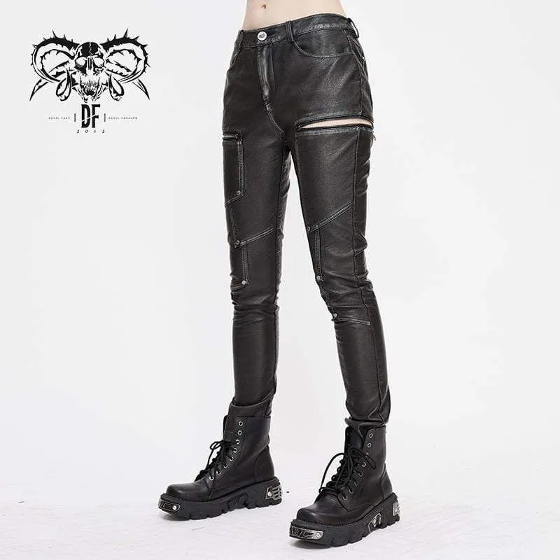 Damen Gothic Kunstleder Reißverschluss Hose