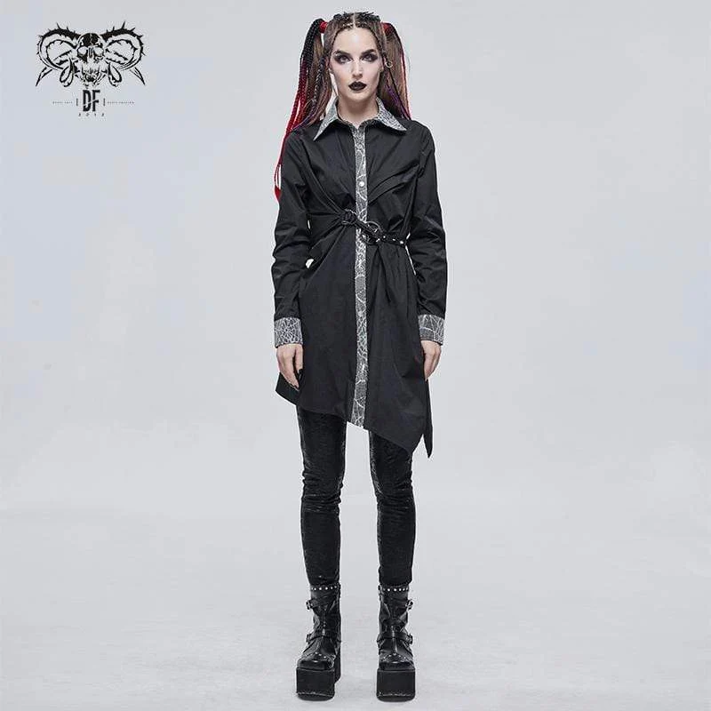 Damen Gothic Mesh Splice Unregelmäßiges Rüschenhemd Schwarz