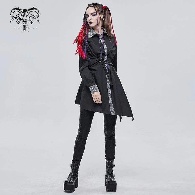 Damen Gothic Mesh Splice Unregelmäßiges Rüschenhemd Schwarz