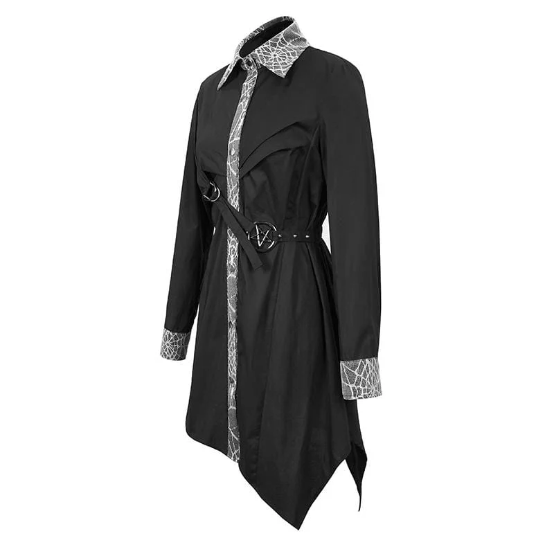 Damen Gothic Mesh Splice Unregelmäßiges Rüschenhemd Schwarz