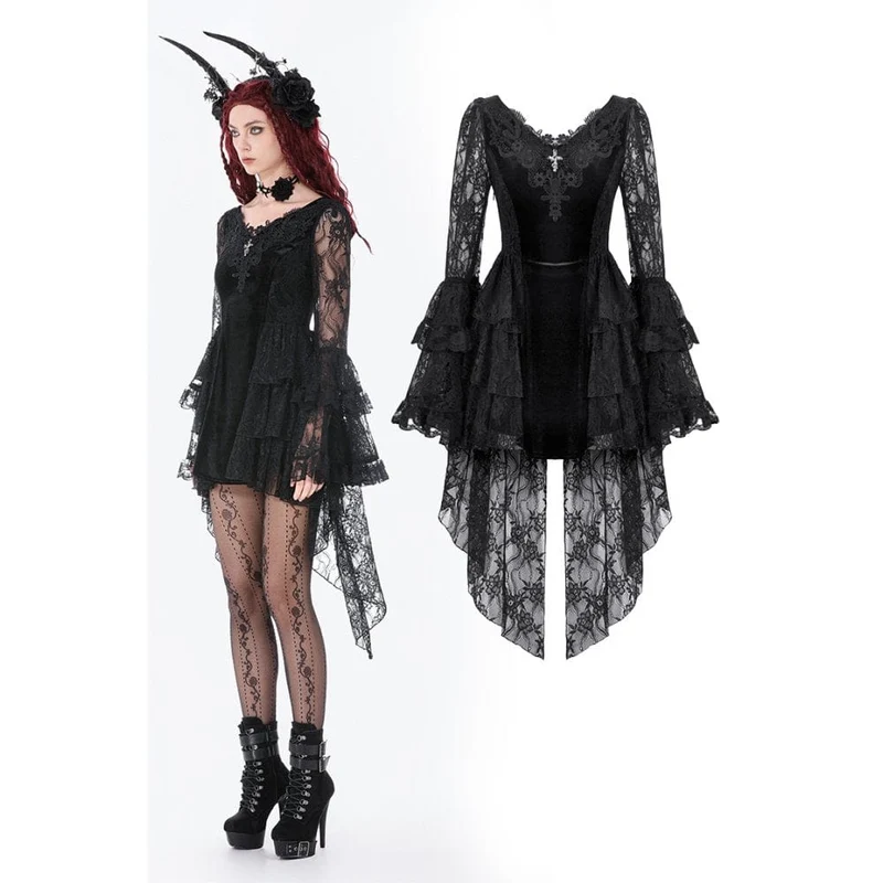Gothic-Kleid für Damen mit besticktem Kreuz und ausgestellten Ärmeln