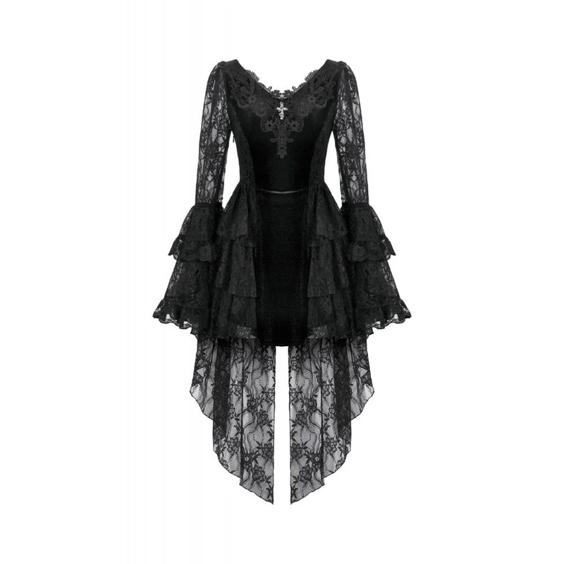 Gothic-Kleid für Damen mit besticktem Kreuz und ausgestellten Ärmeln