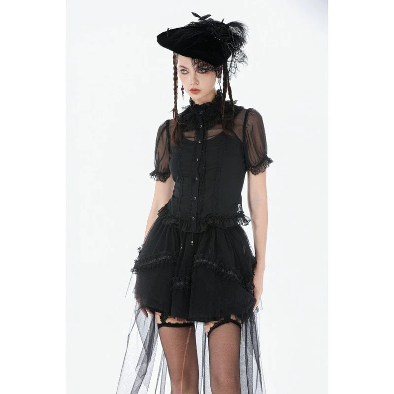 Gothic-Mesh-T-Shirt für Damen, transparent, gerüscht, kurzärmelig