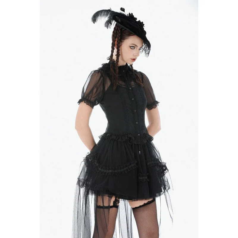 Gothic-Mesh-T-Shirt für Damen, transparent, gerüscht, kurzärmelig