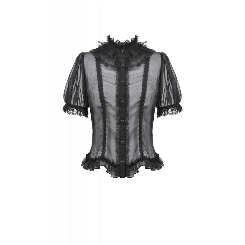 Gothic-Mesh-T-Shirt für Damen, transparent, gerüscht, kurzärmelig