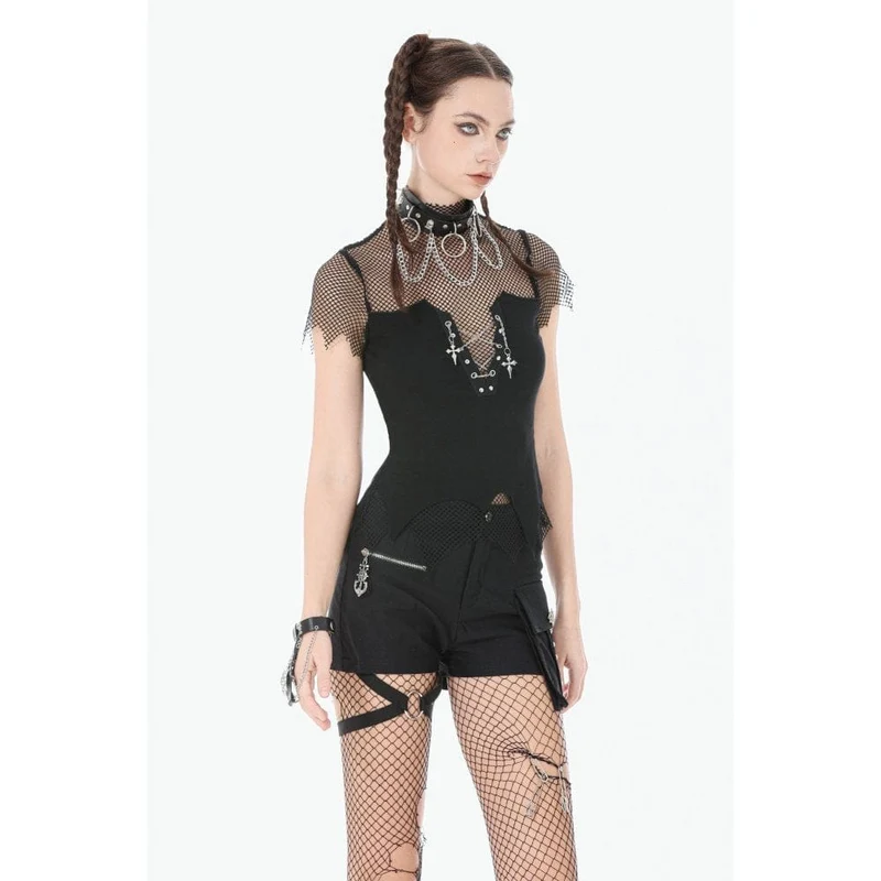 Punk-Top für Damen mit unregelmäßigem Kreuzkettenmuster und Netzmuster