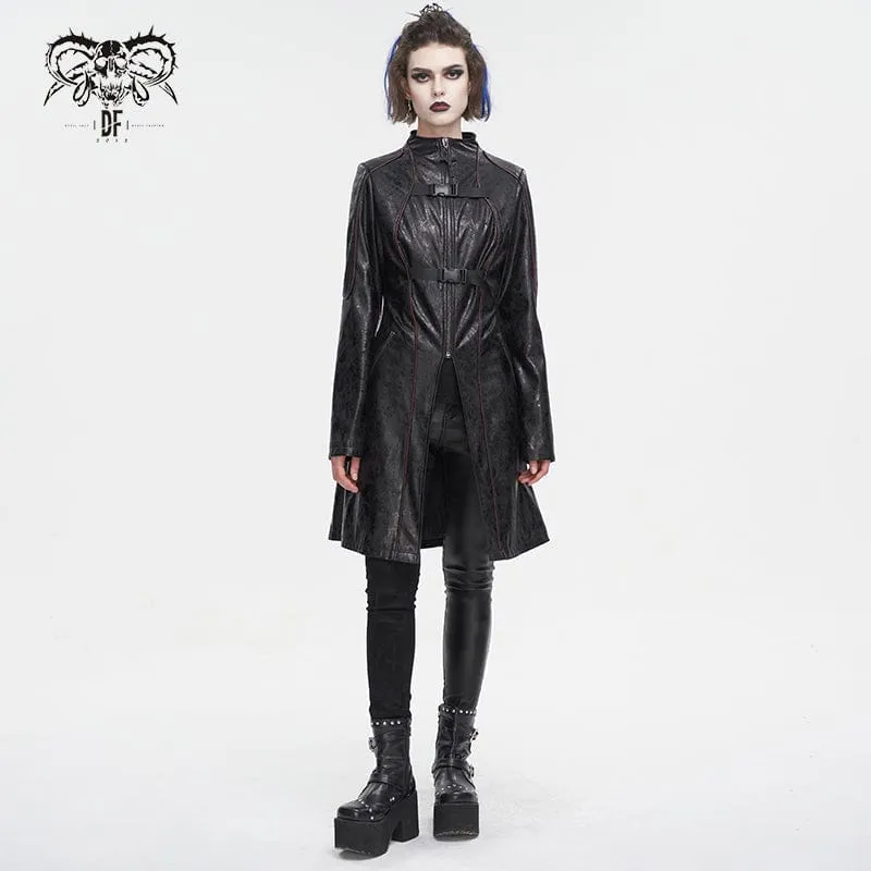 Punk-Mantel aus Kunstleder mit Doppelschnalle für Damen in Schwarz